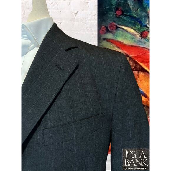 Jos A Bank 42L 34W Charcoal Gray Pinsripe 2 Piece Suit Jacket Pants Note - Picture 3 of 16